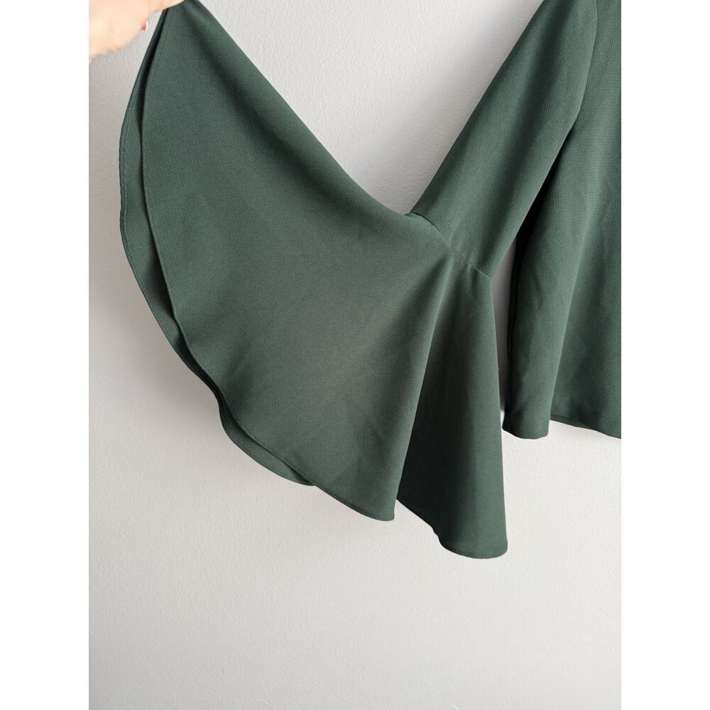 ZARA Dark Green Bell Sleeve Crop Top V Neck Boho Minimalist Blouse Size S Chic - Picture 4 of 6